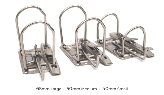 Lever arch ring mechanisms with compressor bar. Used for A4 & A5 ring binders or folders. Capacity from 40mm to large 65mm.