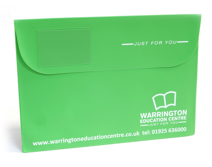 A4 document wallet with flap printed logo and details, manufactured from PVC Vinyl