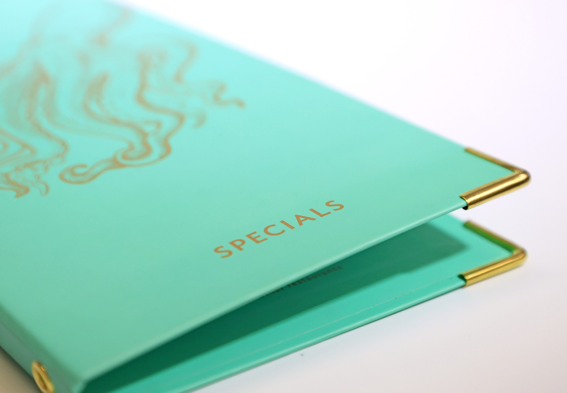 Menu Cover with eyelets to hold pages with green and gold print
